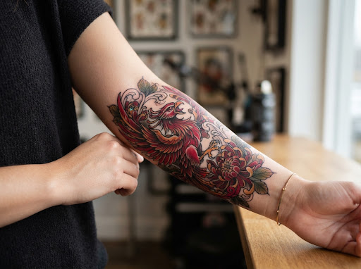 Tatuaje Fénix a color Neo-Tradicional en Oxala Tattoo