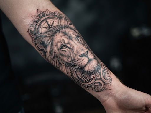 León Ornamental Black and Grey en antebrazo